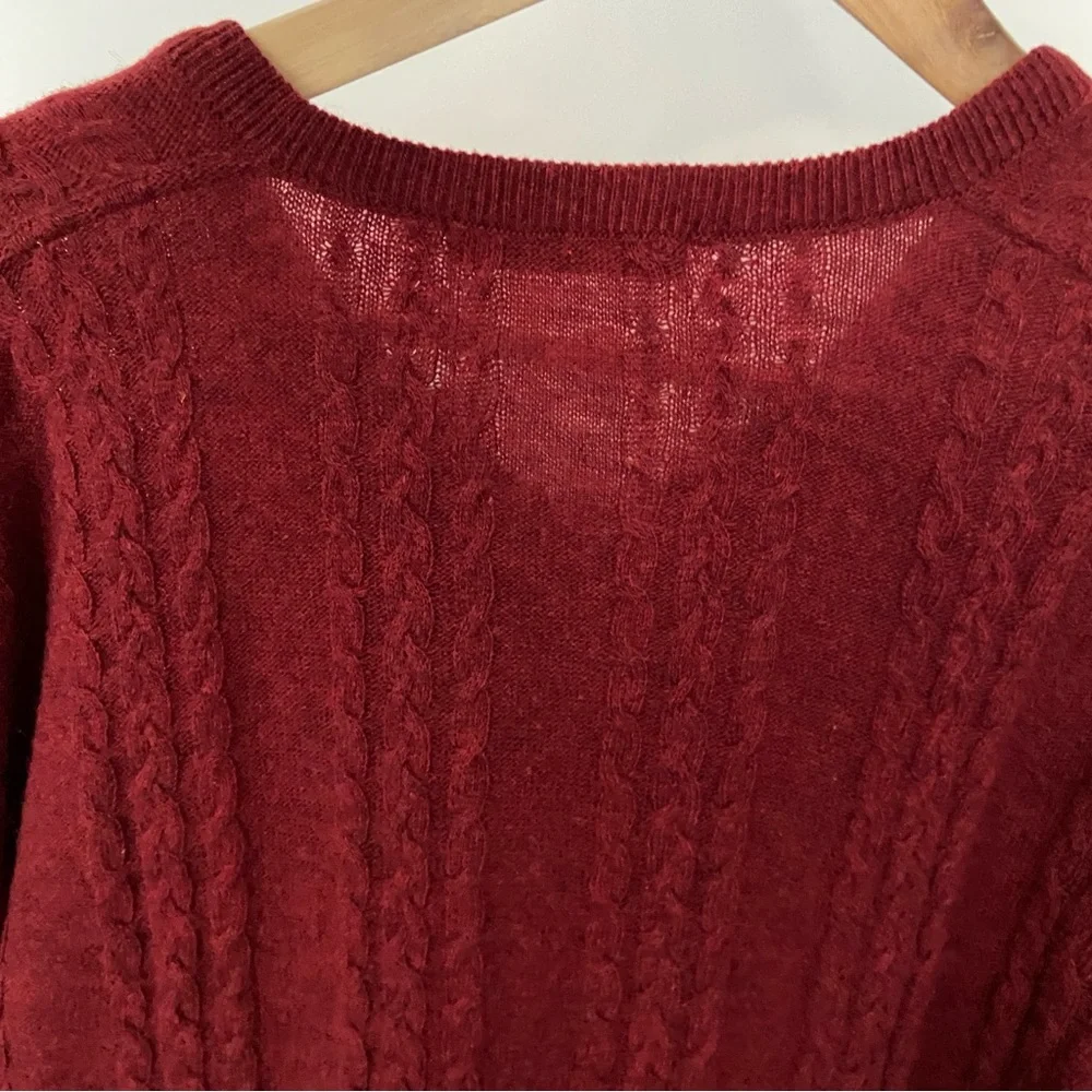 ARSLANLI DEEP RED/BURGUNDY V NECK CABLE KNIT WOOL BLEND SWEATER, LARGE - Picture 11 of 12